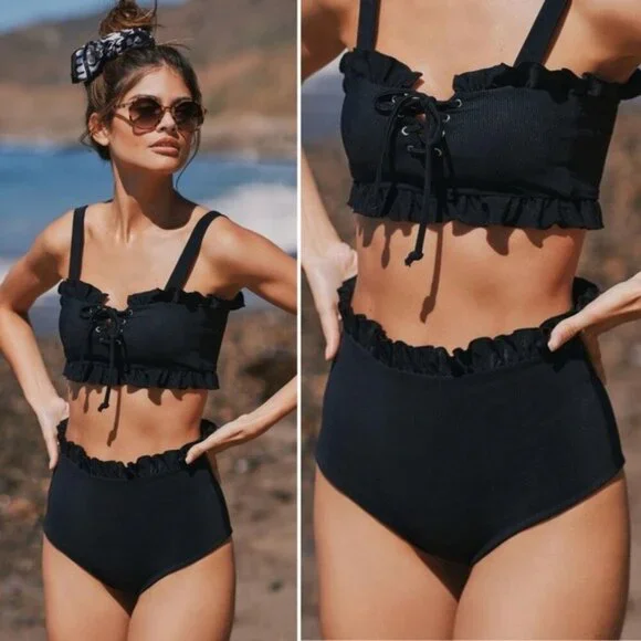 NEW Citrine x Anthropologie Alice Ruffle High Waist Ribbed Bikini Bottom L Black - Picture 1 of 10